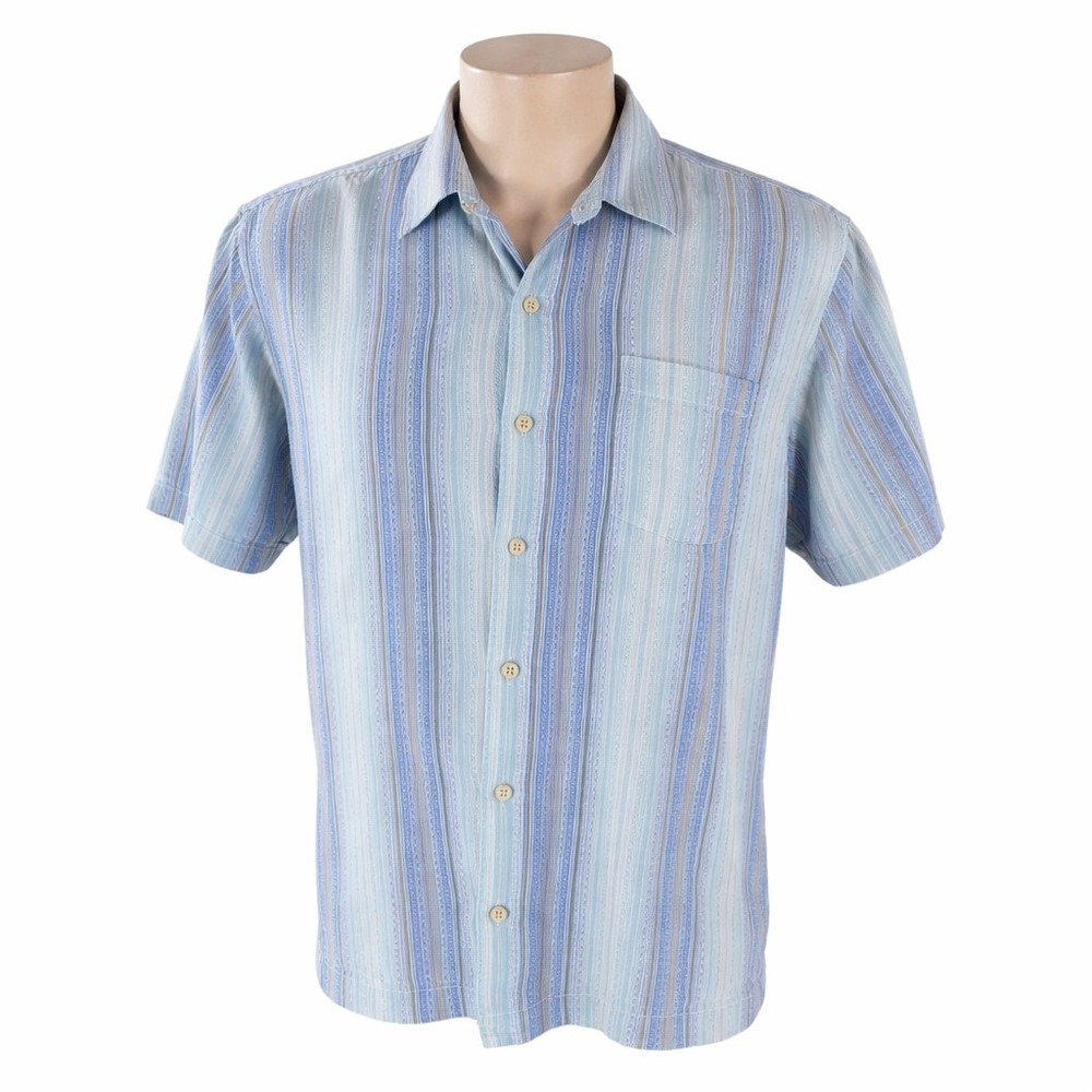 Tommy Bahama Shirt‎ Large Striped Textured Pale Blue Green Tones White